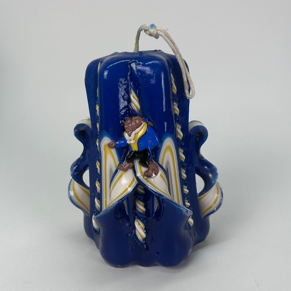 Disney Beauty and the Beast Hand Carved Ribbon Candle Blue Belle Beast 6‎ Inch